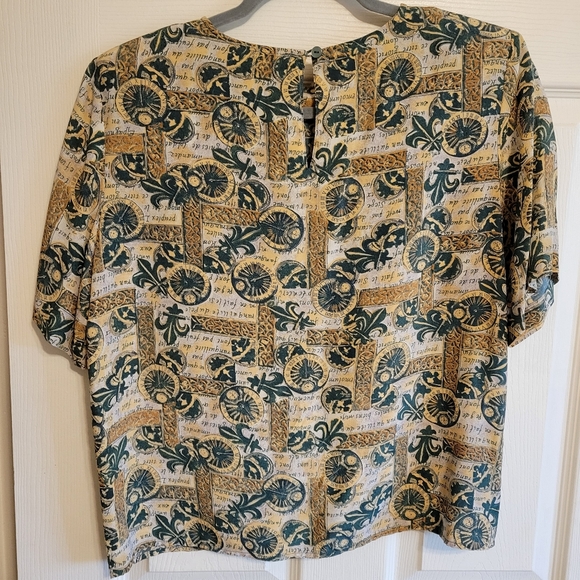 Annie Alexander vintage women's green fleur-de-lis 100% silk blouse size small - Picture 8 of 15